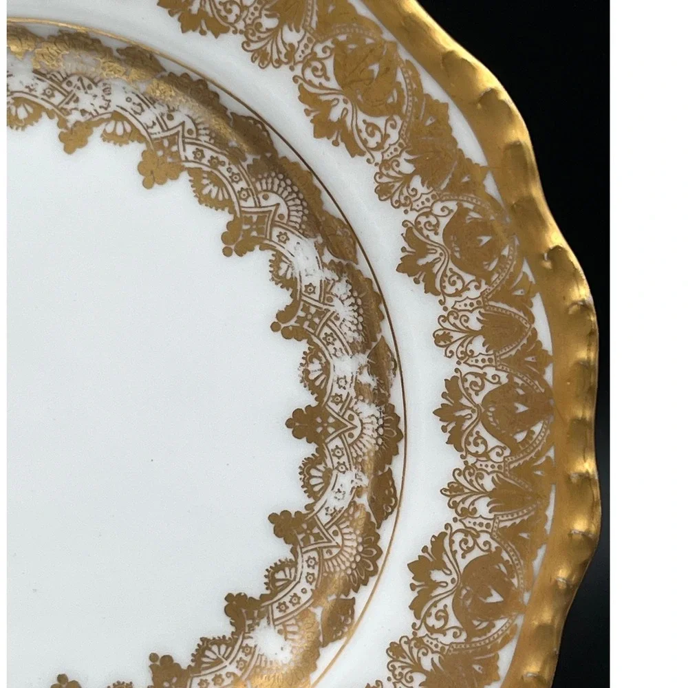 J Pouyat Limoges France Antique Gold Encrusted Scalloped Bread Plate White 6.25